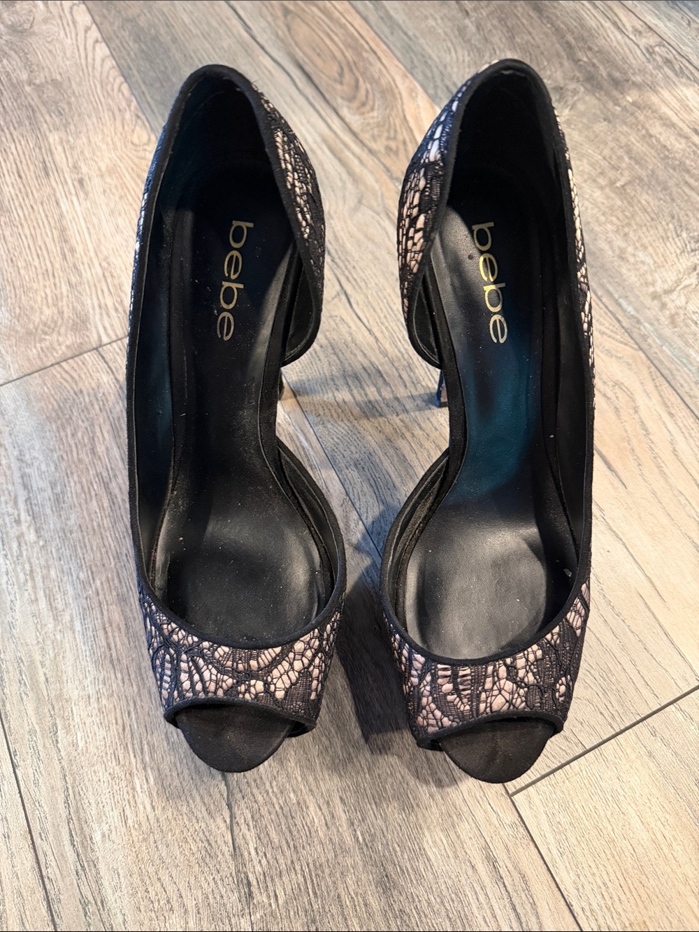 bebe Black and Blush Lace Peep-Toe Heels